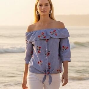 Haute Project LA Blue Stripe Floral Embroidered Tie Front Off Shoulder Top M